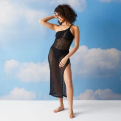 Robe Asymétrique En Crochet Noir